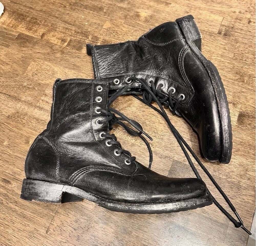 Frye Veronica Combat Boot in Black Metallic Distressed Leather